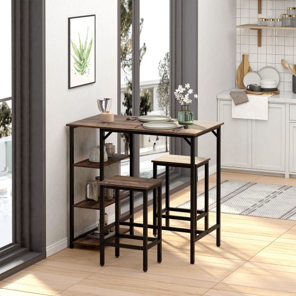 3PC Industrial Bar Height Dining Table Set With 2 Stools & Side Shelf, - Image 2