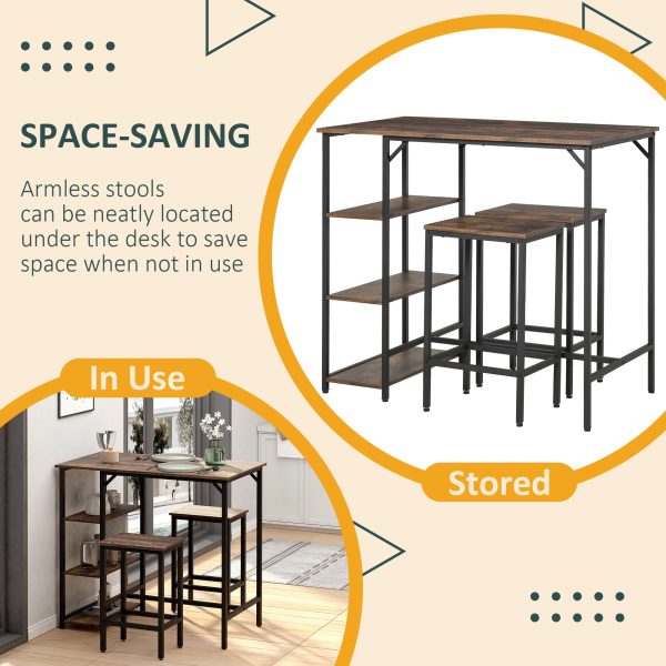 3PC Industrial Bar Height Dining Table Set With 2 Stools & Side Shelf, - Image 4