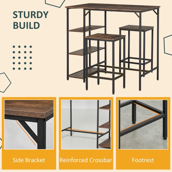 3PC Industrial Bar Height Dining Table Set With 2 Stools & Side Shelf, - Image 5