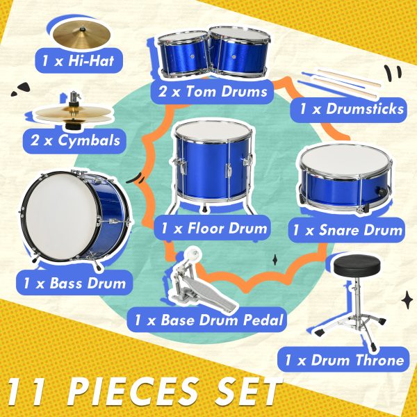AIYAPLAY 11 Piece Junior Drum Set for Kids with Stool, Drumsticks, Blue - Image 4