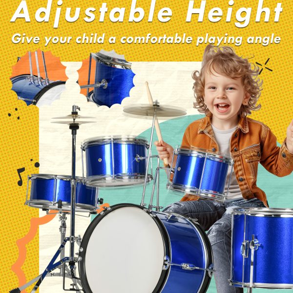 AIYAPLAY 11 Piece Junior Drum Set for Kids with Stool, Drumsticks, Blue - Image 7