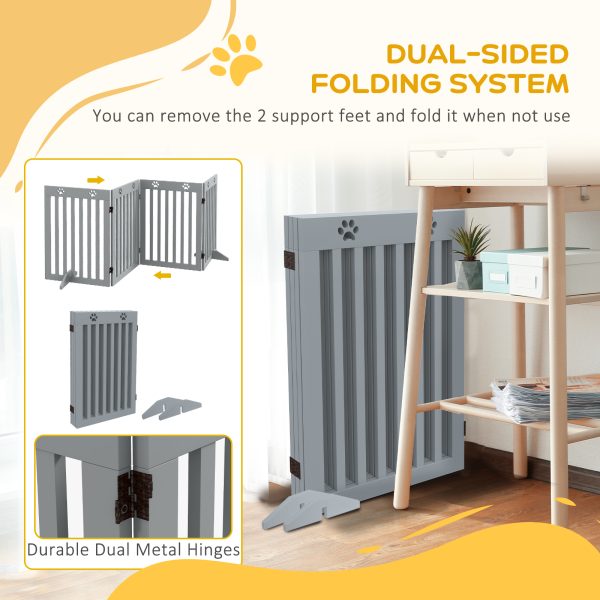 PawHut Pet Gate Foldable Fence Freestanding Dog Barrier w/ Support Feet Grey - Image 3