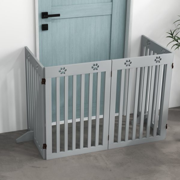 PawHut Pet Gate Foldable Fence Freestanding Dog Barrier w/ Support Feet Grey - Image 7