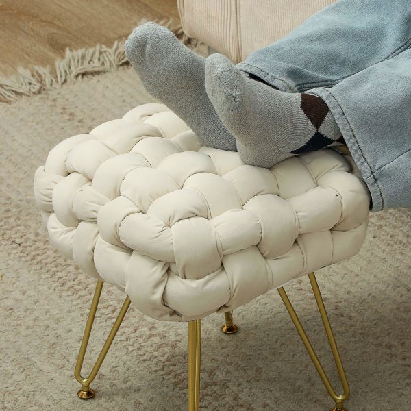 HOMCOM Woven Velvet Foot Stool with Steel Legs for Living Room, Cream White - Image 8