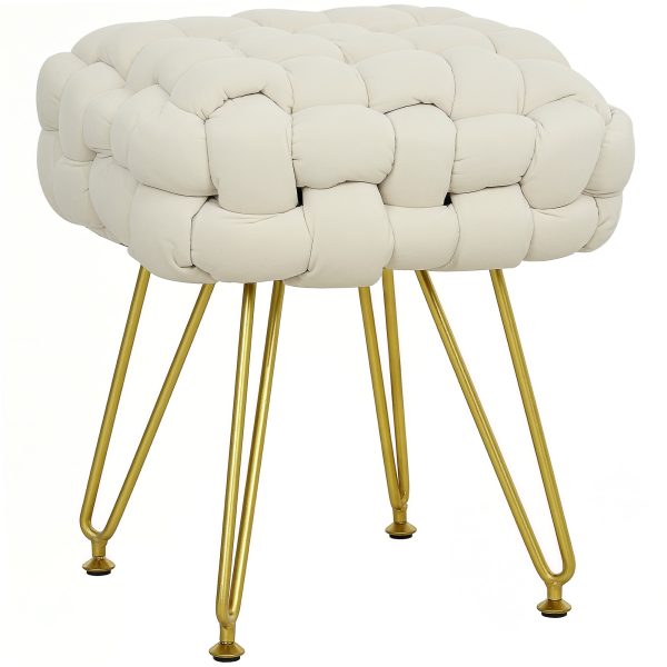 HOMCOM Woven Velvet Foot Stool with Steel Legs for Living Room, Cream White