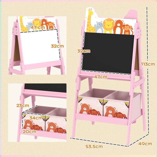 AIYAPLAY 2 in 1 Kids Easel with Whiteboard, Chalkboard, Storage Boxes, Pink - Image 5