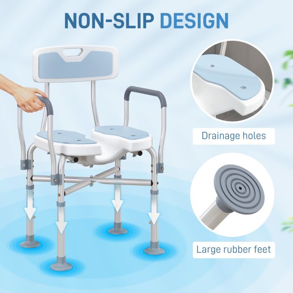 HOMCOM Padded Bath Chair with Slotted Seat and Adjustable Height, Light Blue - Image 7
