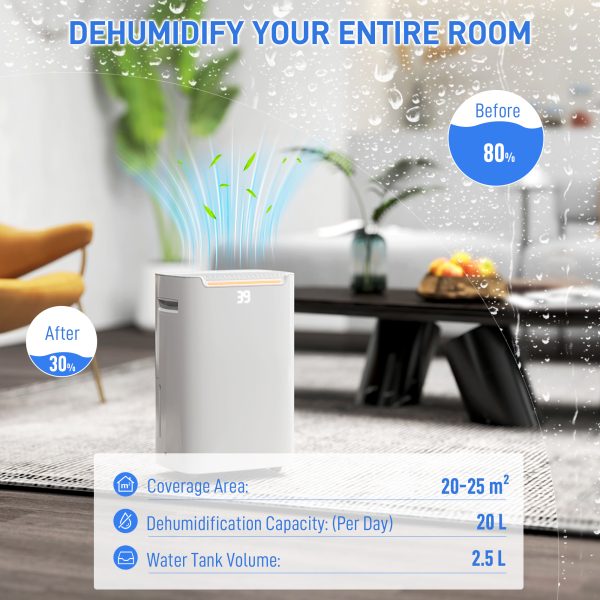 HOMCOM 20L/Day Dehumidifier for Home Damp, with 24H Timer, White - Image 3