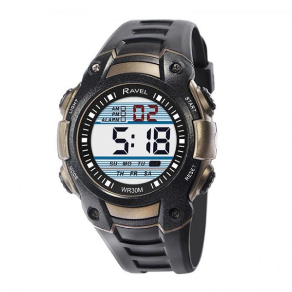 Ravel Mens 3ATM Digital Sports Black/Gold Watch RDG.14.9