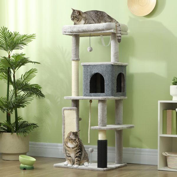 PawHut 132cm Cat Tree for Indoor Cats w/ Scratching Posts, Light Grey - Image 2