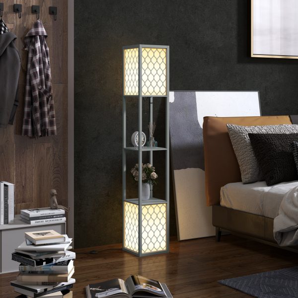 HOMCOM 2-Light Modern Floor Lamp with Shelves for Living Room, Bedroom, Grey - Image 2