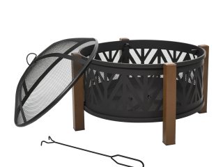 2-in-1 Outdoor Fire Pit Bowl with BBQ Grill Grate 30" Spark Screen Cover