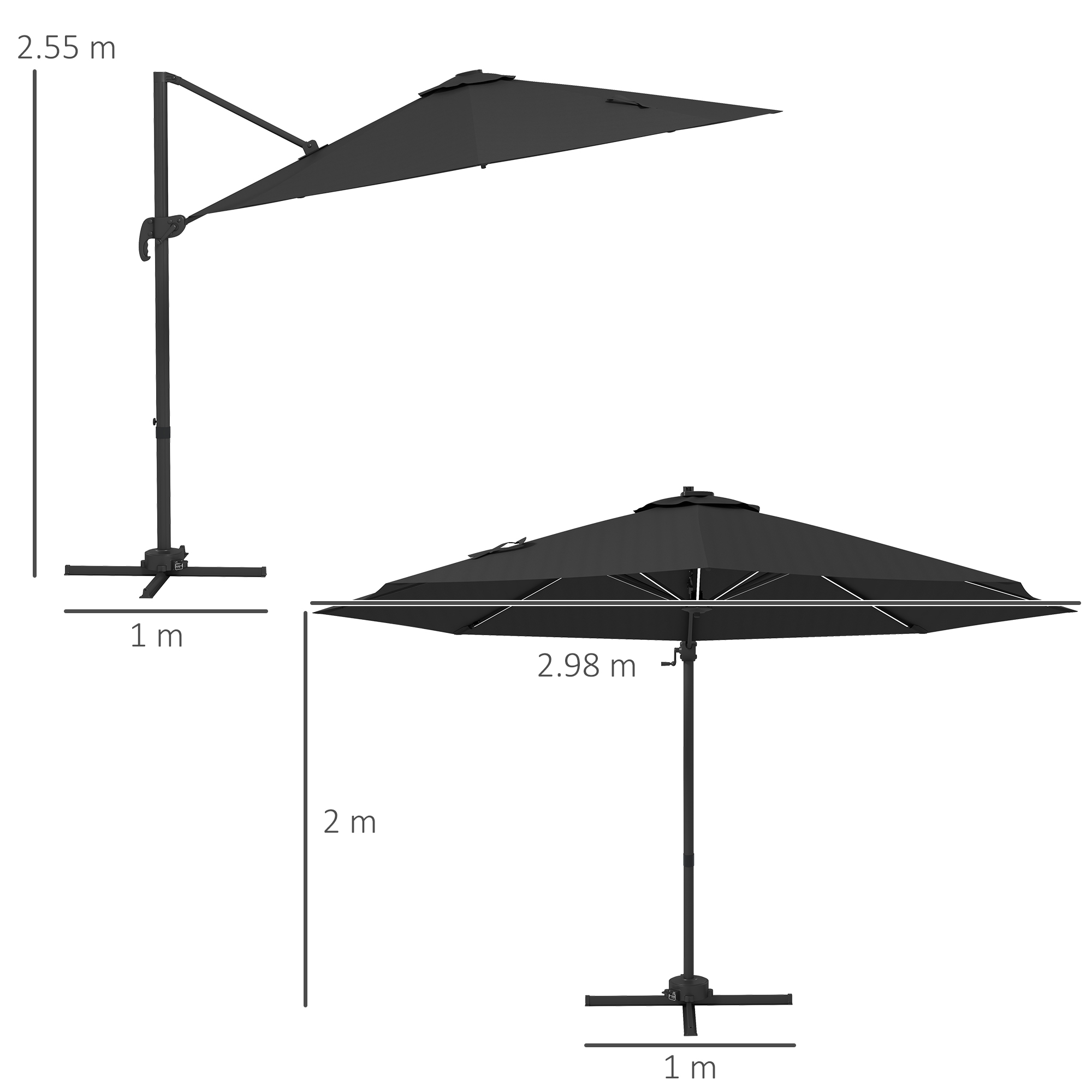 Outsunny 3(m) Solar LED Cantilever Parasol Adjustable Garden Umbrella Dark Grey - Image 3