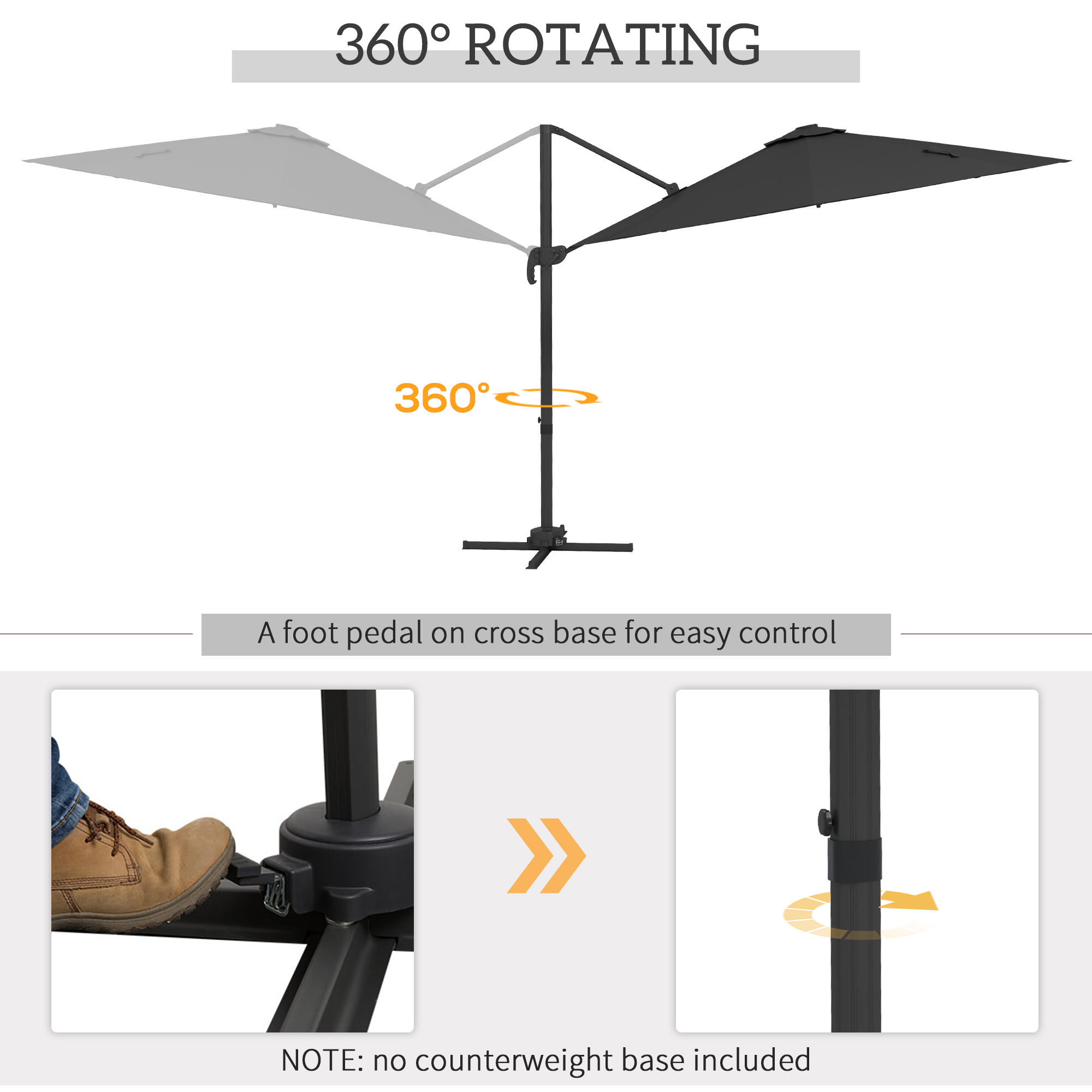 Outsunny 3(m) Solar LED Cantilever Parasol Adjustable Garden Umbrella Dark Grey - Image 6