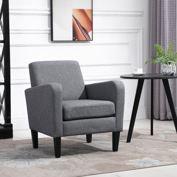 Linen Modern-Curved Armchair Accent Seat w/ Thick Cushion Wood Legs Grey - Image 2