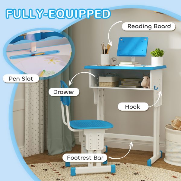 HOMCOM Kids Desk and Chair Set w/ Drawer, Book Stand, Pen Slot, Blue - Image 4