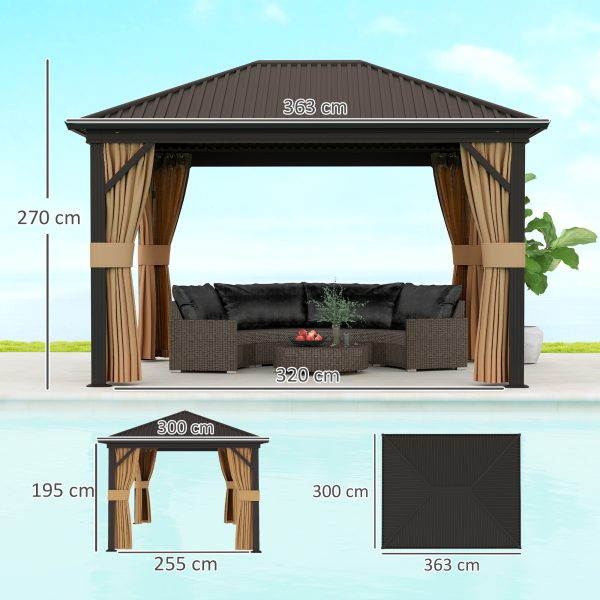 Outsunny 3.6 x 3(m) Metal Garden Hardtop Gazebo with Screened Curtain Brown - Image 5