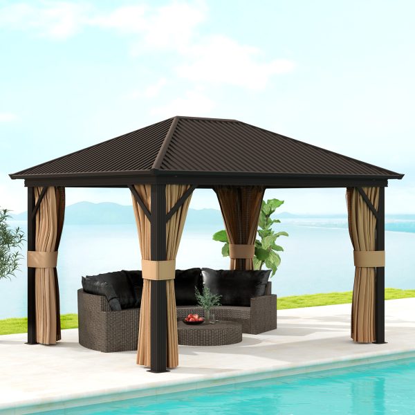 Outsunny 3.6 x 3(m) Metal Garden Hardtop Gazebo with Screened Curtain Brown - Image 2