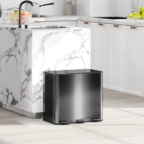 HOMCOM 3 x 15L Triple Kitchen Bin Pedal Bin for Recycling and Waste, Black - Image 2