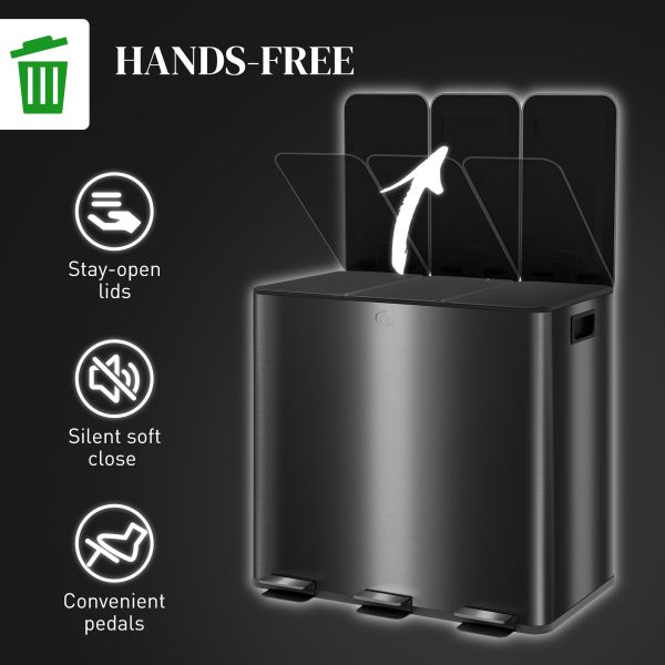HOMCOM 3 x 15L Triple Kitchen Bin Pedal Bin for Recycling and Waste, Black - Image 6