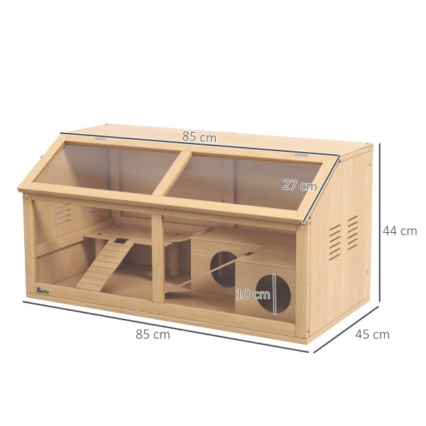 PawHut Wooden Hamster Cage for Gerbils w/ Suspension Bridge, Ladders, Nature - Image 5