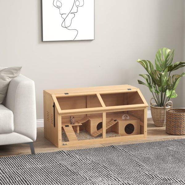 PawHut Wooden Hamster Cage for Gerbils w/ Suspension Bridge, Ladders, Nature - Image 2