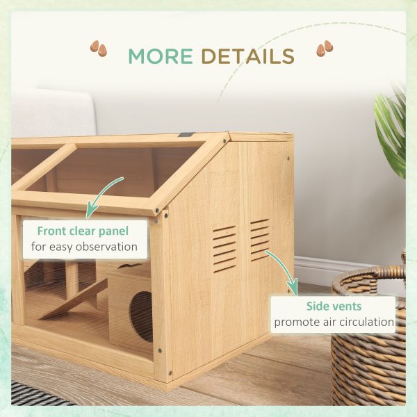 PawHut Wooden Hamster Cage for Gerbils w/ Suspension Bridge, Ladders, Nature - Image 6