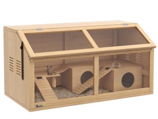 PawHut Wooden Hamster Cage for Gerbils w/ Suspension Bridge, Ladders, Nature
