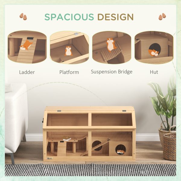 PawHut Wooden Hamster Cage for Gerbils w/ Suspension Bridge, Ladders, Nature - Image 3