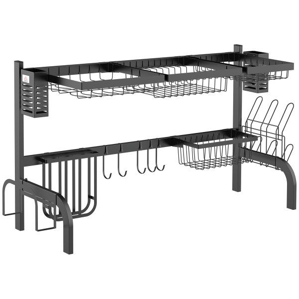 HOMCOM Over The Sink Dish Drainer Rack, 2 Tier Dish Rack for Kitchen, Black