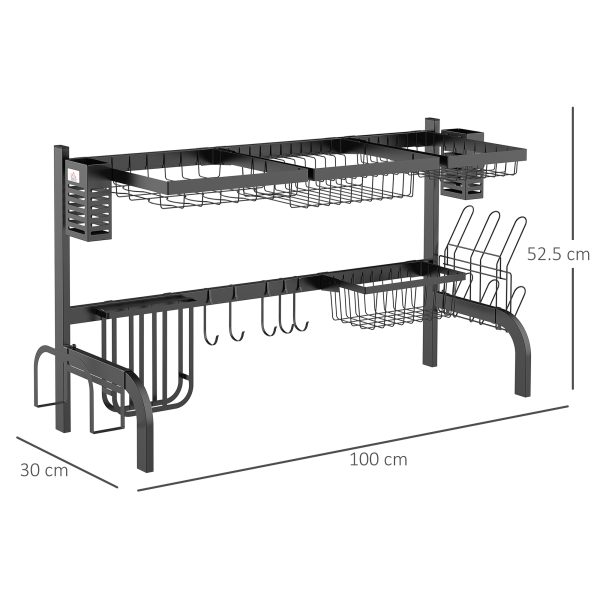 HOMCOM Over The Sink Dish Drainer Rack, 2 Tier Dish Rack for Kitchen, Black - Image 5
