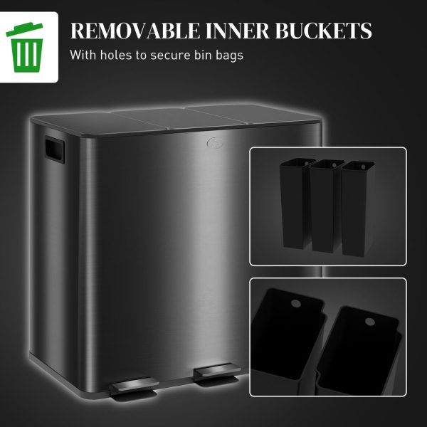 HOMCOM 3 x 15L Triple Kitchen Bin Pedal Bin for Recycling and Waste, Black - Image 7