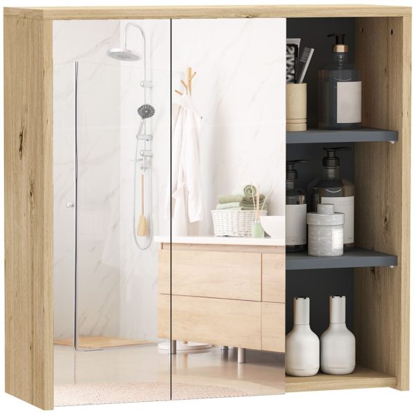 HOMCOM Bathroom Cabinet Wall Mounted Mirror Storage with Shelves Natural