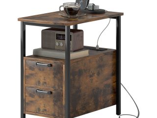 HOMCOM Bedside Table with Charging Station for Living Room, Rustic Brown
