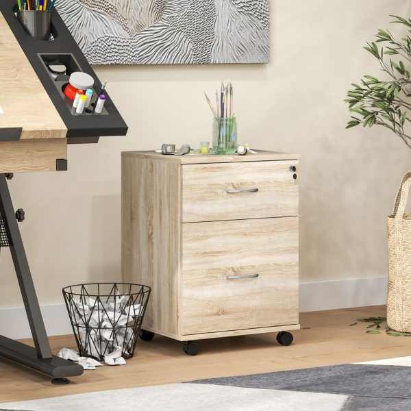 HOMCOM Pedestal Office Mobile Filing Cabinet 2 Drawer Wooden Storage Oak - Image 7