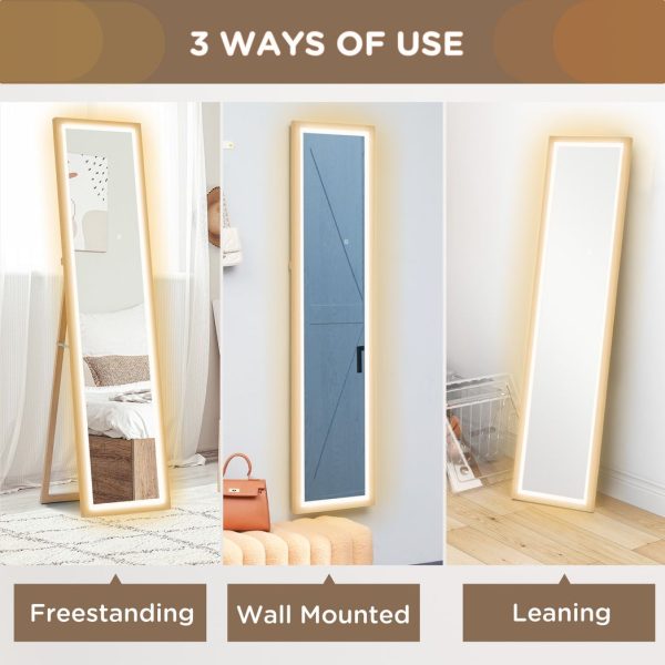 HOMCOM Dimming Full Length Mirror w/ Lights Standing Leaning Wall Mount Oak - Image 7