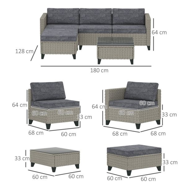 Outsunny 5 PCs Rattan Garden Furniture Set with Glass Coffee Table Dark Grey - Image 5