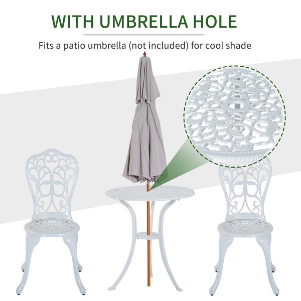 Outsunny 3 Pieces Antique Garden Bistro Set for 2 with Umbrella Hole, White - Image 3