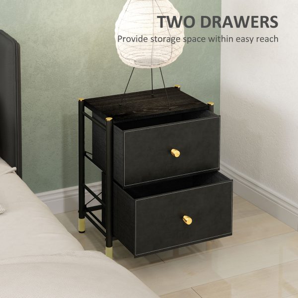 HOMCOM PU Leather Bedside Table with 2 Drawers and Steel Legs, Black - Image 4
