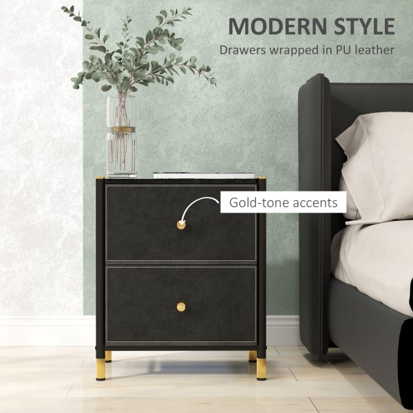 HOMCOM PU Leather Bedside Table with 2 Drawers and Steel Legs, Black - Image 3