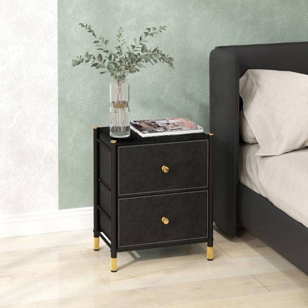 HOMCOM PU Leather Bedside Table with 2 Drawers and Steel Legs, Black - Image 2