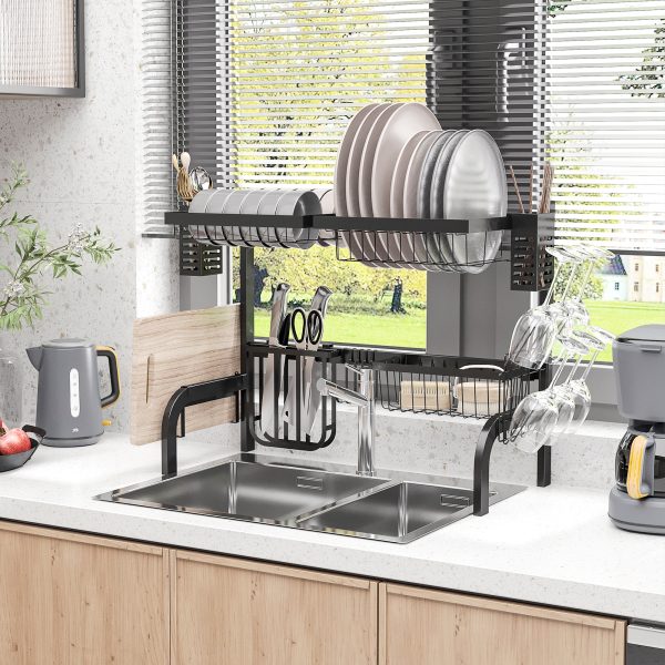 HOMCOM Over The Sink Dish Drainer Rack, 2 Tier Dish Rack for Kitchen, Black - Image 2