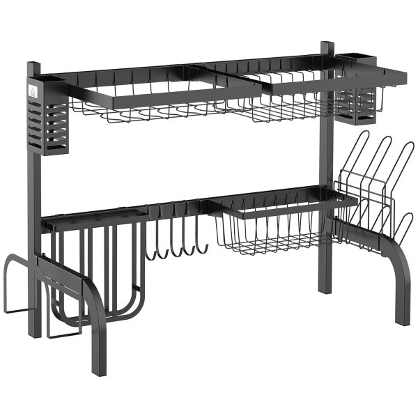 HOMCOM Over The Sink Dish Drainer Rack, 2 Tier Dish Rack for Kitchen, Black
