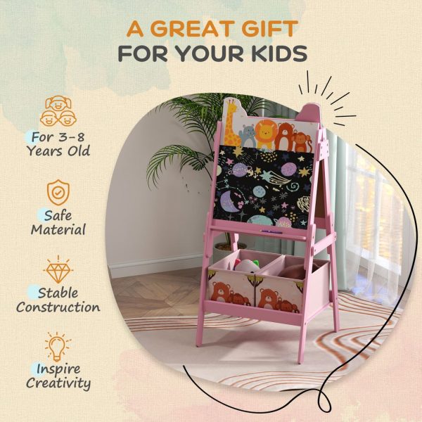 AIYAPLAY 2 in 1 Kids Easel with Whiteboard, Chalkboard, Storage Boxes, Pink - Image 6