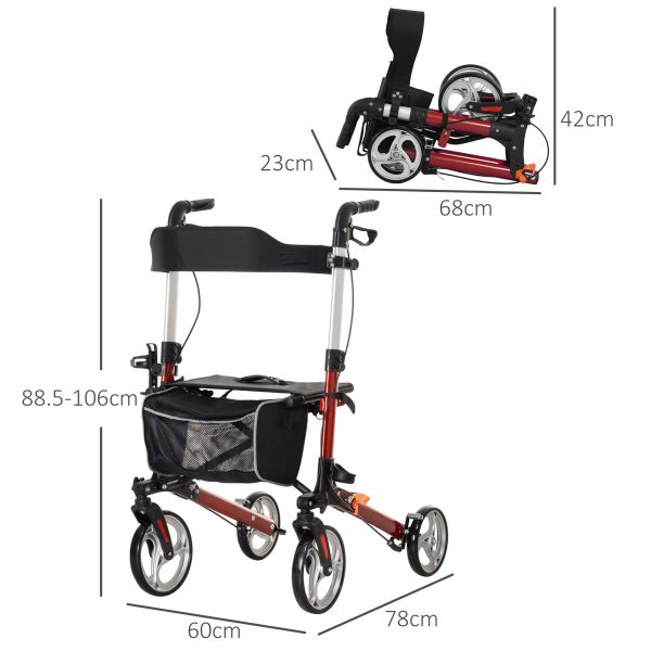 HOMCOM Fully Folding Rollator Walker with Seat, Backrest, Bag, Red - Image 5