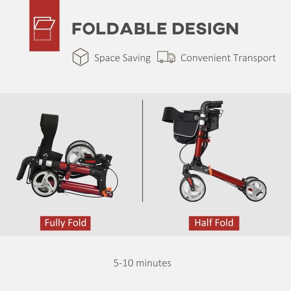 HOMCOM Fully Folding Rollator Walker with Seat, Backrest, Bag, Red - Image 3