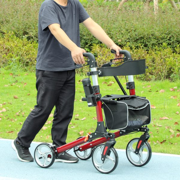 HOMCOM Fully Folding Rollator Walker with Seat, Backrest, Bag, Red - Image 2