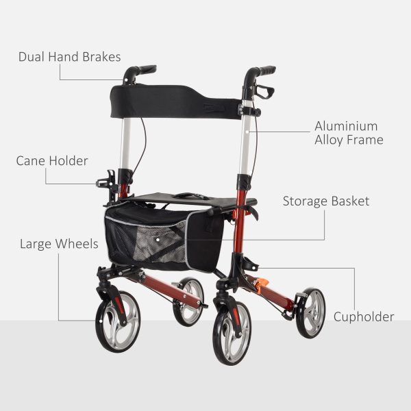 HOMCOM Fully Folding Rollator Walker with Seat, Backrest, Bag, Red - Image 7