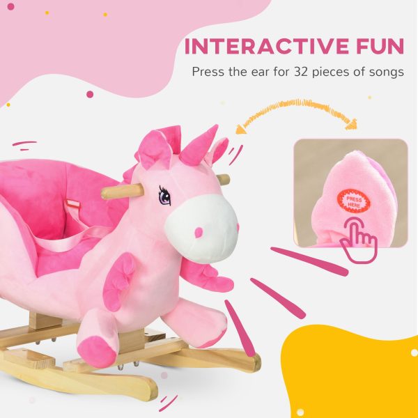 HOMCOM Rocking Horse Plush Ride on Unicorn with Songs, Seat Belt, Pink - Image 3