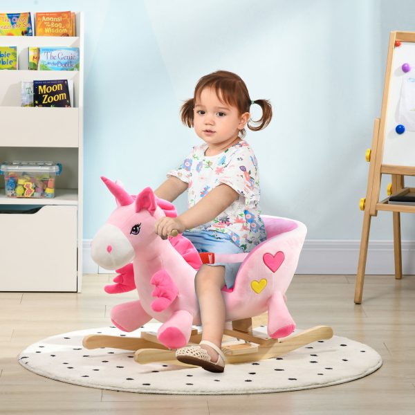 HOMCOM Rocking Horse Plush Ride on Unicorn with Songs, Seat Belt, Pink - Image 2